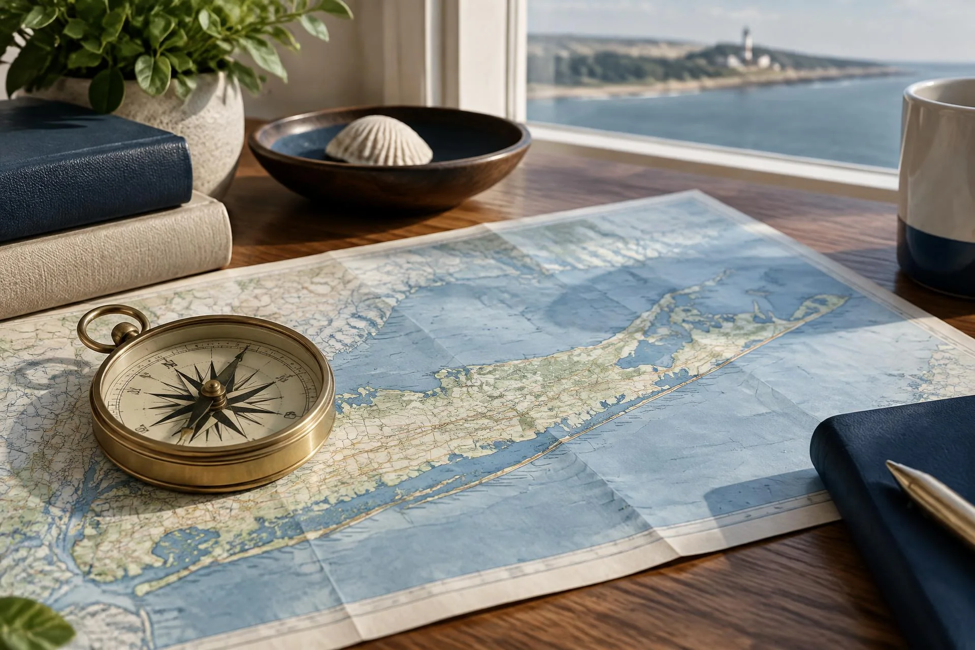 A compass on a map of Long Island representing informed treatment decisions.