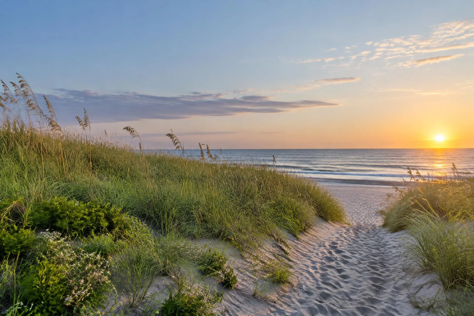 A sandy pathway through Long Island dunes opening toward the Atlantic at sunrise.