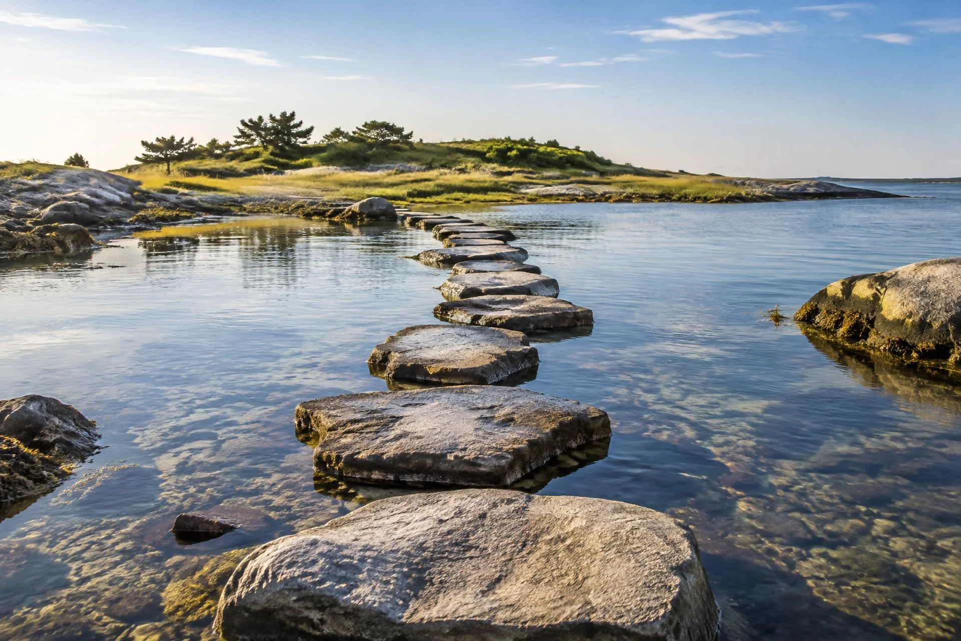 Stepping stones across calm coastal water representing continued recovery support.