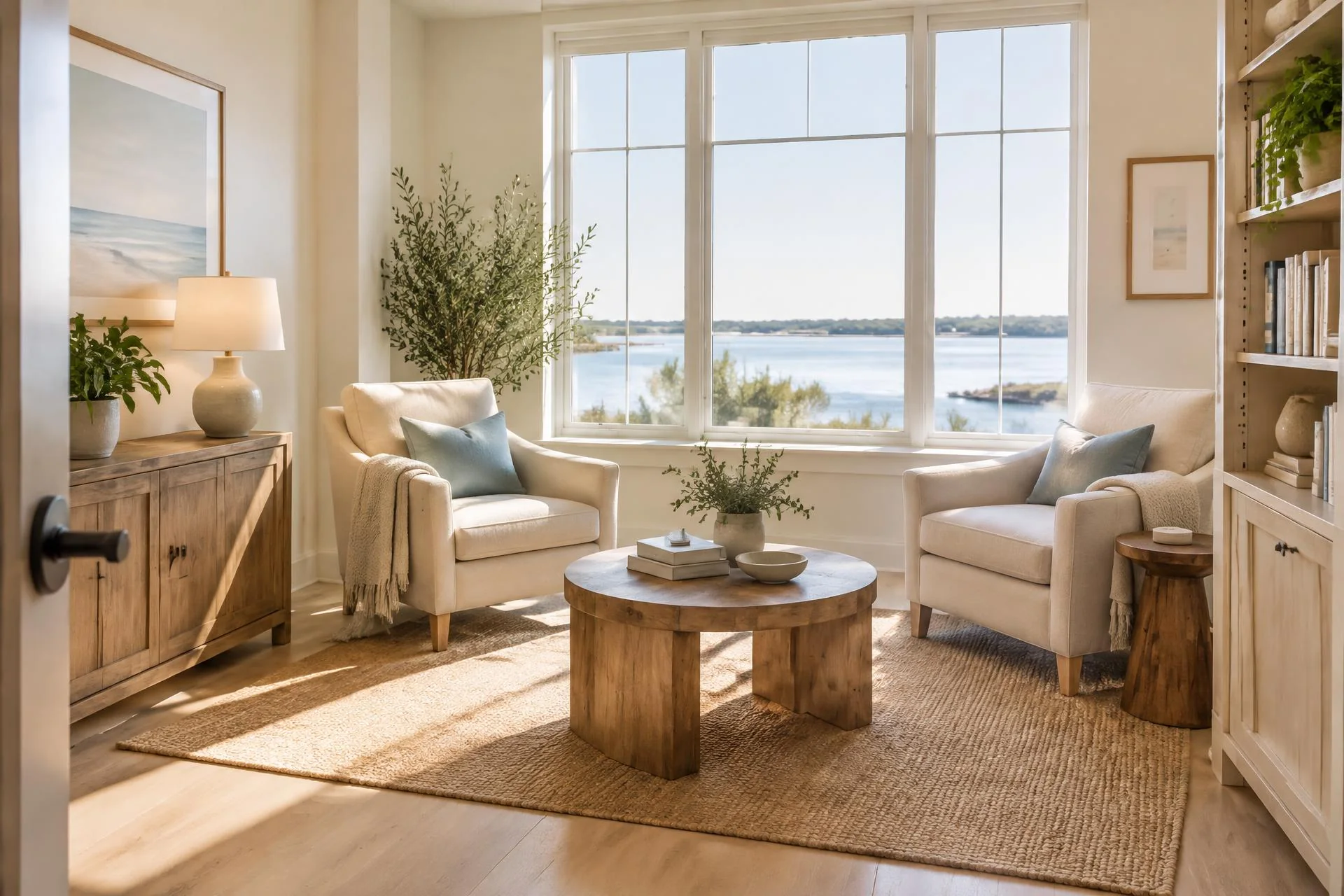 A welcoming private consultation space overlooking a Long Island waterfront.